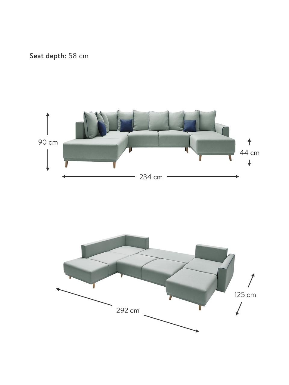 Divano letto angolare in tessuto verde menta con contenitore Mola, Rivestimento: poliestere, Verde, Larg. 324 x Prof. 215 cm