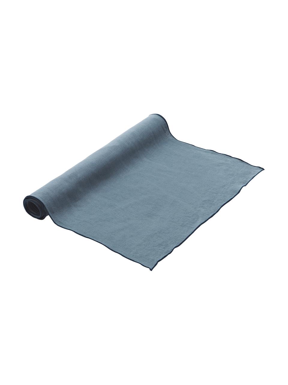 Chemin de table en lin avec passepoil Kennedy, 100 % lin lavé, certifié European Flax, Bleu, larg. 40 x long. 150 cm