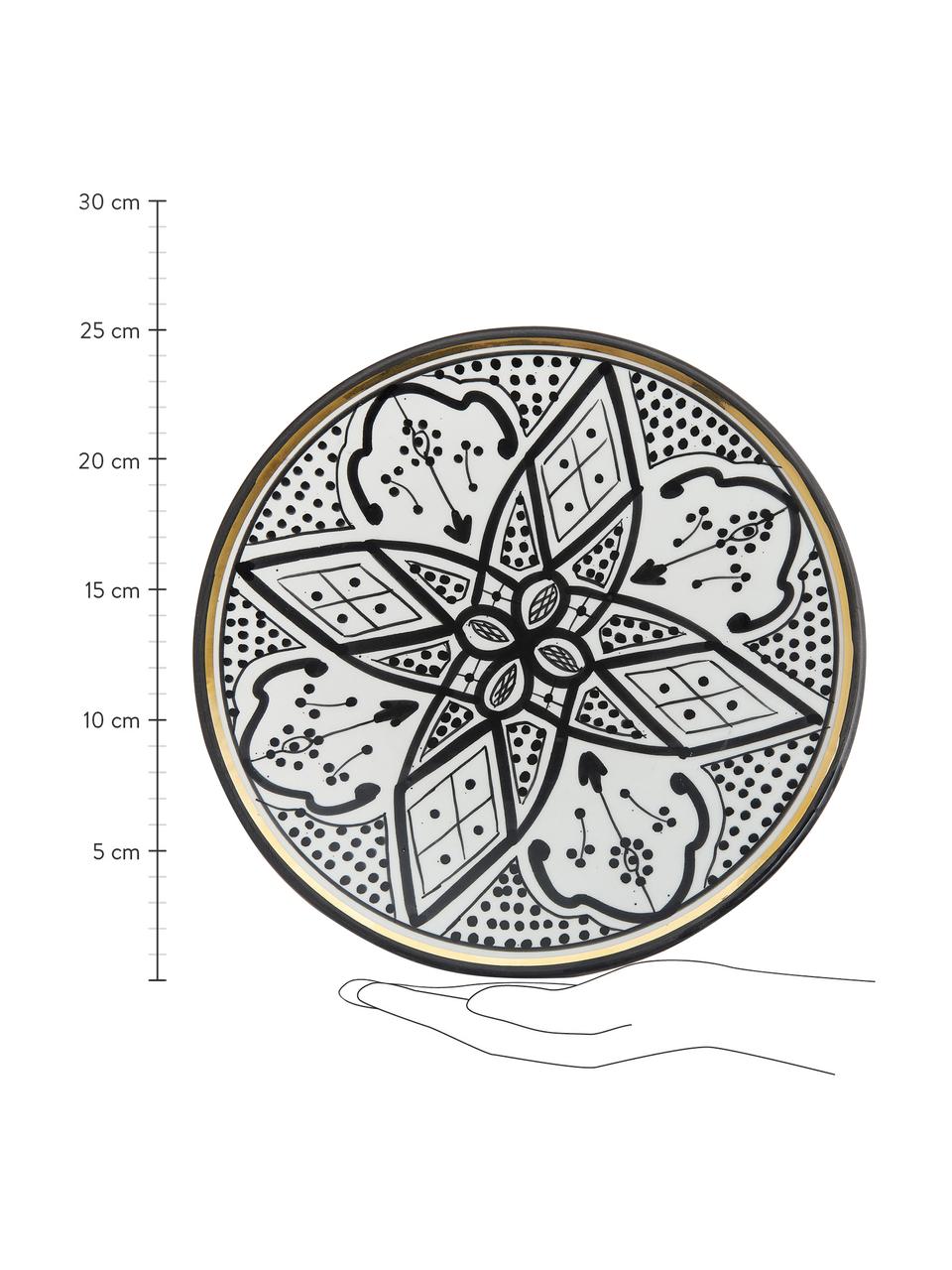 Handgemaakt Marokkaans dinerbord Beldi met gouden rand, Keramiek, Zwart, crèmekleurig, goudkleurig, Ø 26 x H 2 cm