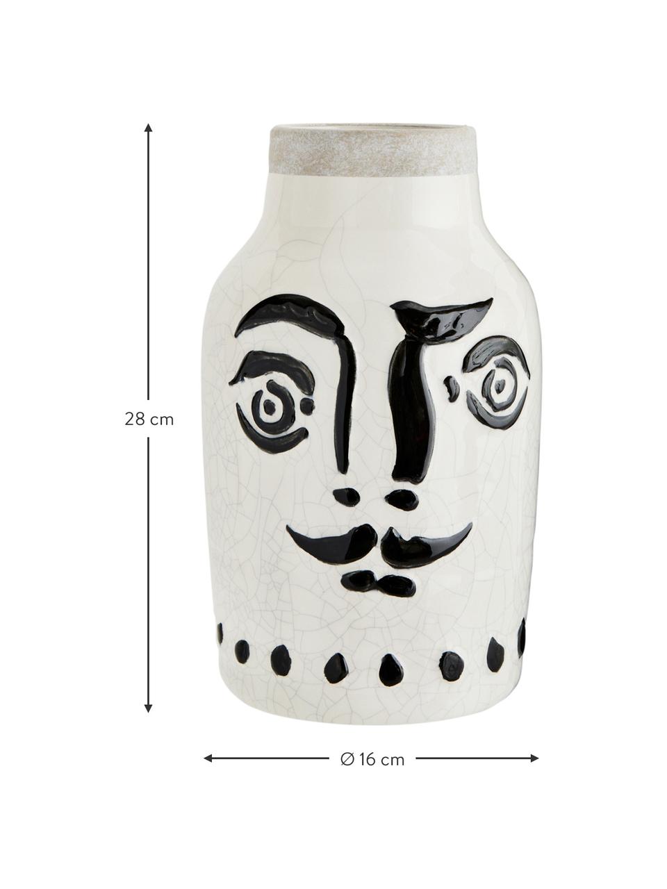 Vaso motivo viso con smalto craquelé Face, Gres, Bianco, nero, Ø 16 x Alt. 28 cm