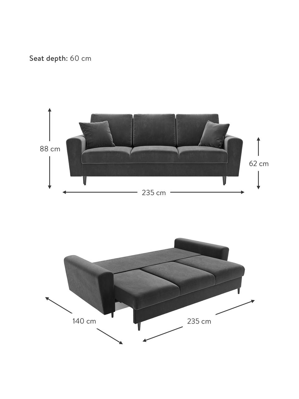 Fluwelen slaapbank Moghan (3-zits) met opbergruimte, Bekleding: polyester fluweel Met 50., Frame: massief grenen, triplex, , Poten: metaal, gelakt, Fluweel lichtgrijs, zwart, B 235 x D 100 cm