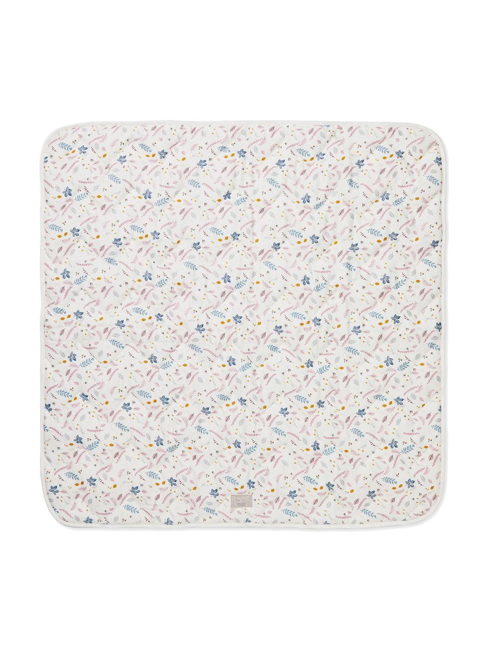 Plaid en coton bio Pressed Leaves, Crème, rose, bleu, gris, jaune