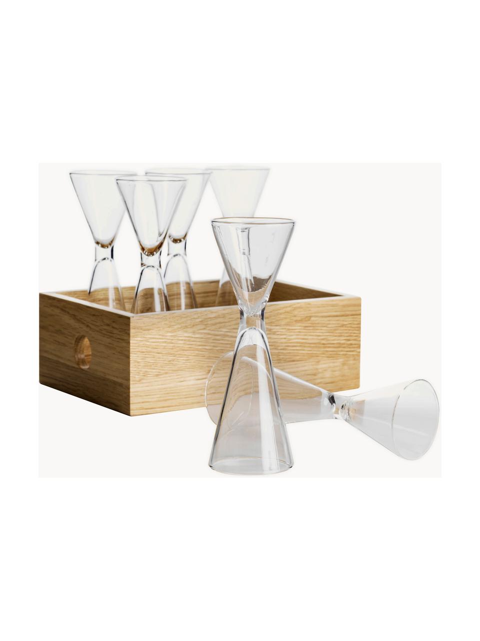 Set di bicchieri per shota in vetro soffiato con scatola in legno Semon 6 pz, Vetro soffiato, legno di quercia, Trasparente, legno chiaro, Ø 4 x Alt. 12 cm, 20/40 ml