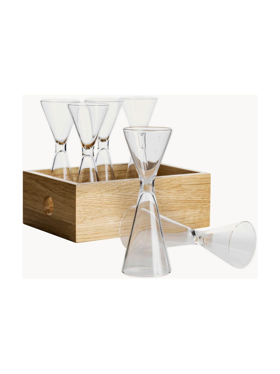 Vasos chupito Semon, 6 uds., con caja de madera, Vidrio soplado, madera de roble, Transparente, madera clara, Ø 4 x Al 12 cm, 20/40 ml