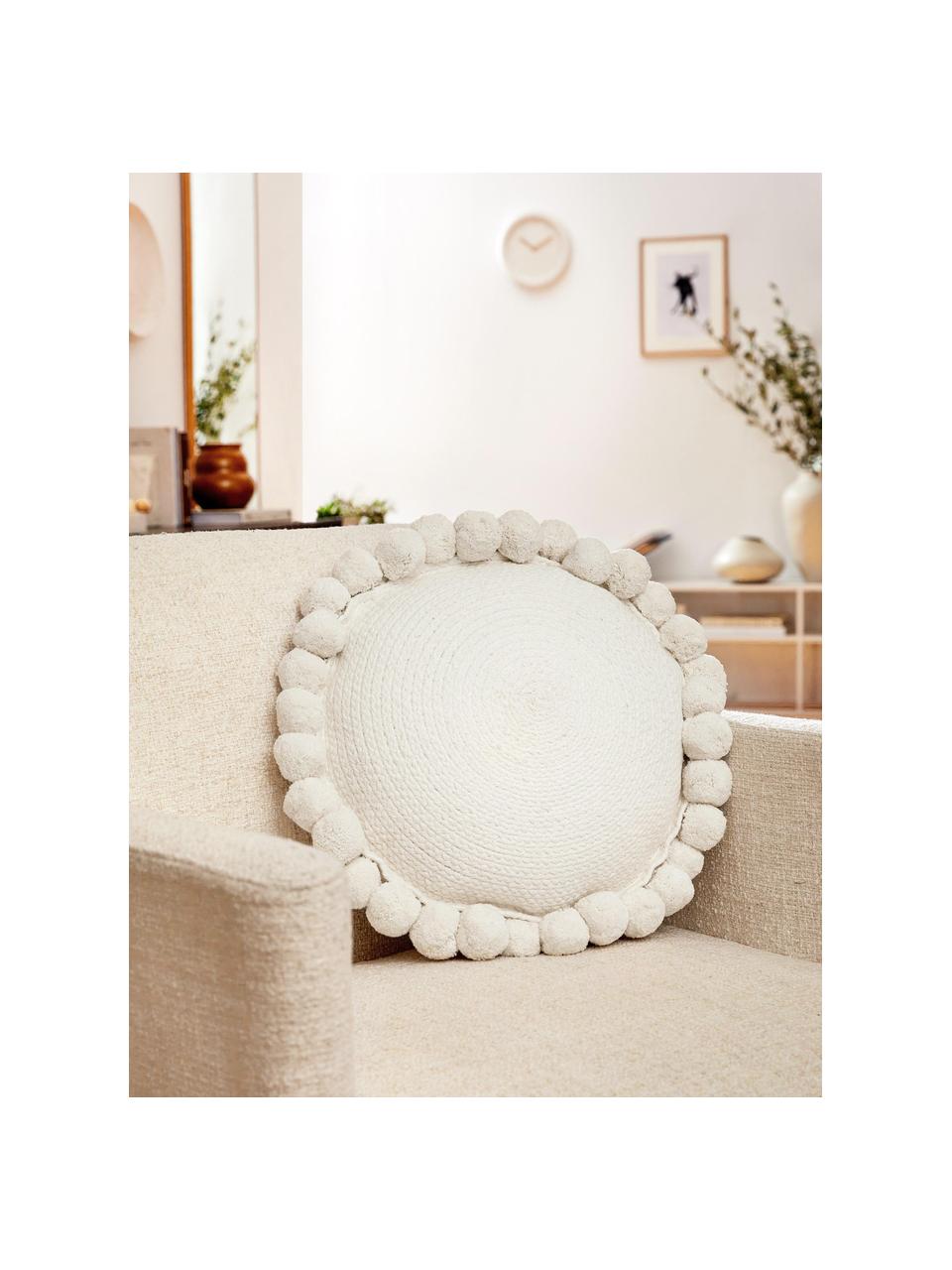 Coussin décoratif rond avec pompons Deva, Blanc cassé, Ø 40 cm