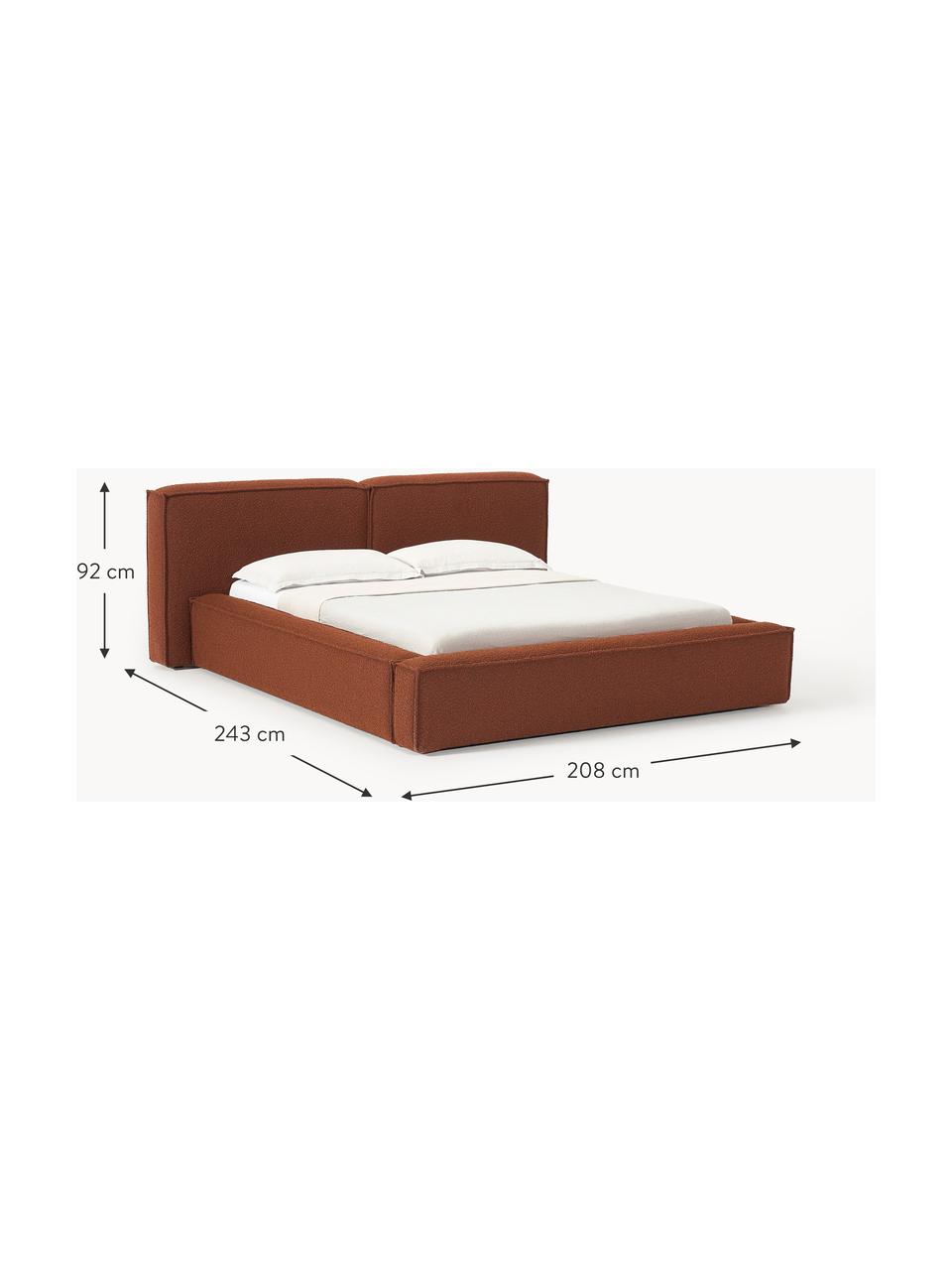 Letto imbottito in bouclé con contenitore Lennon, Rivestimento: bouclé (80% poliestere, 2, Rivestimento: schiuma, certificata Cert, Struttura: legno di pino massiccio, , Piedini: legno, plastica Questo pr, Bouclé terracotta, Larg. 208 x Lung. 243 cm (superfice 140 x 200 cm)