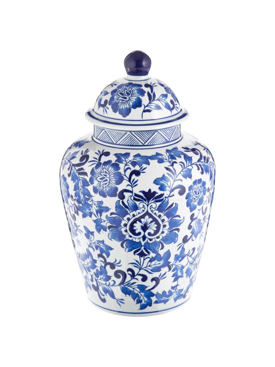 Wazon z porcelany z pokrywką Annabelle, Porcelana, Niebieski, biały, Ø 20 x W 35 cm