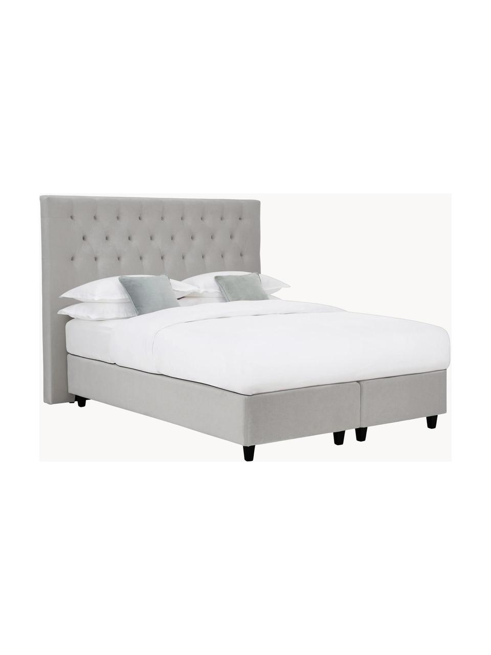 Premium fluwelen boxspringbed Phoebe, Matras: 5-zone pocketveren kern, Poten: massief gelakt berkenhout, Fluweel grijs, B 200 x L 200 cm, hardheidsgraad H3