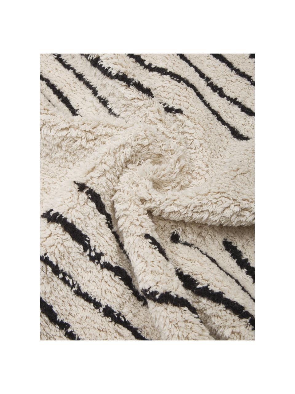 Alfombra corredor artesanal de algodón con flecos Fini, estilo boho, 100% algodón, Beige, negro, An 80 x L 250 cm