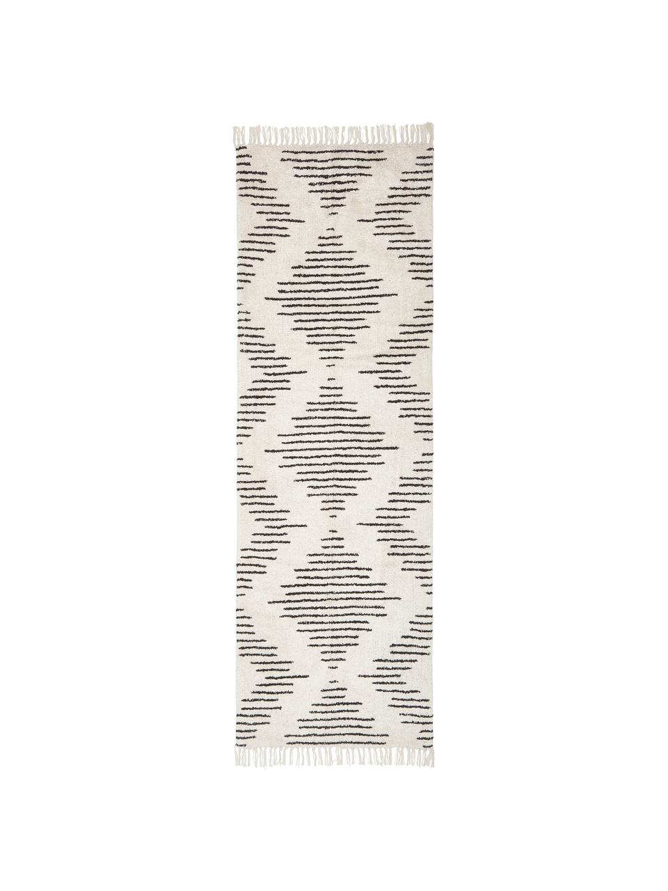 Alfombra corredor artesanal de algodón con flecos Fini, estilo boho, Reverso: látex Este producto está , Beige, negro, An 80 x L 250 cm