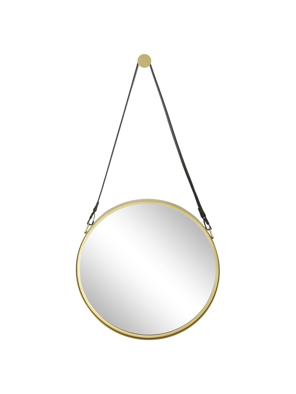 Runder Wandspiegel Liz mit schwarzer Lederschlaufe, Spiegelfläche: Spiegelglas, Rückseite: Mitteldichte Holzfaserpla, Gold, Ø 80 cm