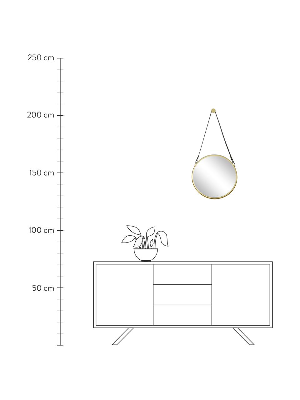 Runder Wandspiegel Liz mit schwarzer Lederschlaufe, Spiegelfläche: Spiegelglas, Rückseite: Mitteldichte Holzfaserpla, Gold, Ø 80 cm