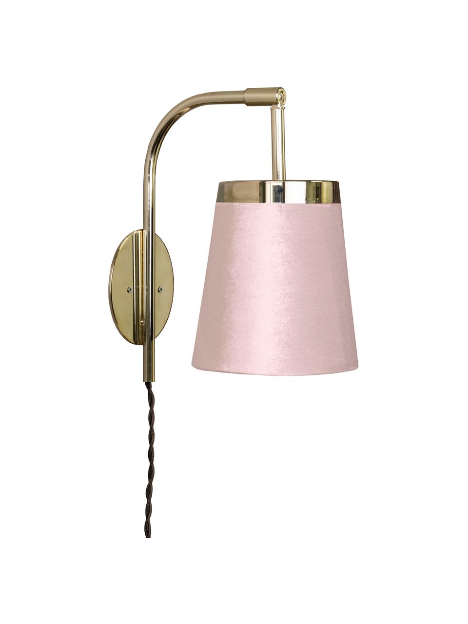 Wandlamp Walther van fluweel met stekker, Lampenkap: fluweel, Messingkleurig, roze, 14 x 25 cm