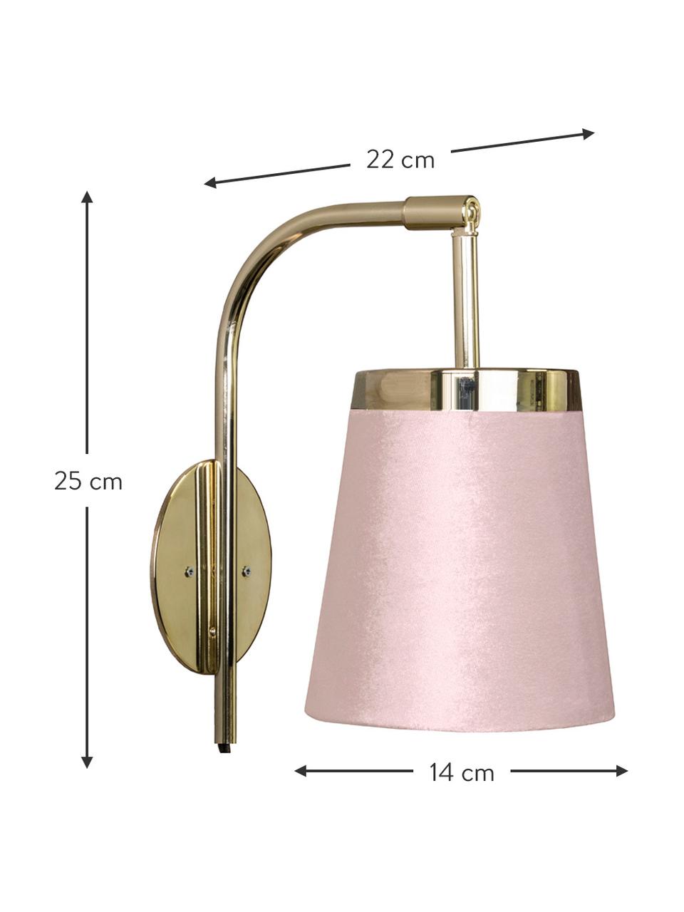 Wandlamp Walther van fluweel met stekker, Lampenkap: fluweel, Messingkleurig, roze, 14 x 25 cm