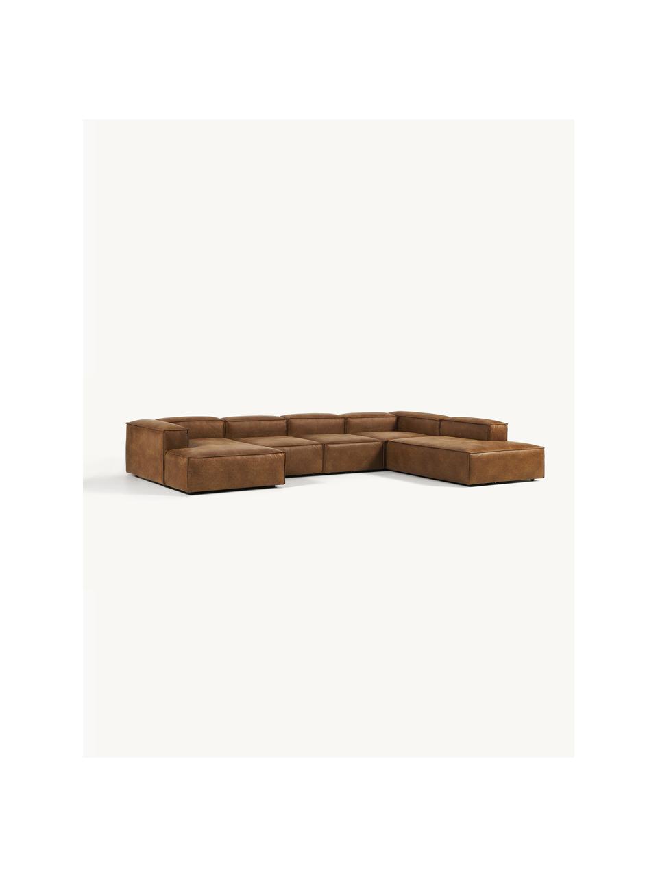 Modulaire woonlandschap Lennon van gerecycled leer, Bekleding: gerecycled leer (70% leer, Frame: massief hout, multiplex, Poten: kunststof, Leer bruin, B 418 x D 269 cm, hoekdeel rechts