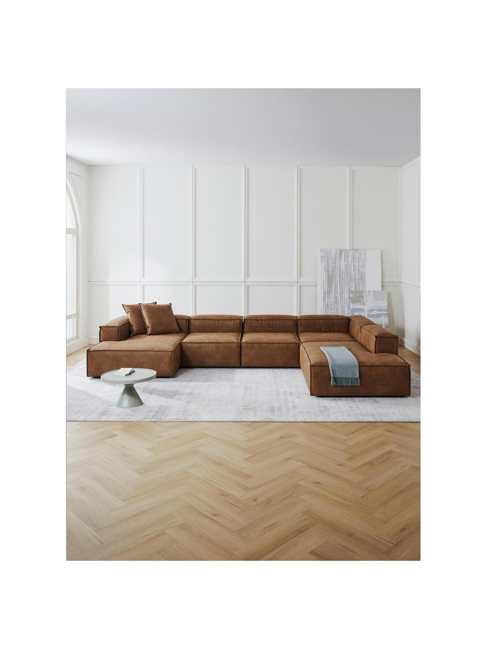 Modulare Wohnlandschaft Lennon aus recyceltem Leder, Bezug: Recyceltes Leder (70 % Le, Gestell: Massives Holz, Sperrholz, Füße: Kunststoff, Leder Braun, B 418 x T 269 cm, Eckteil rechts