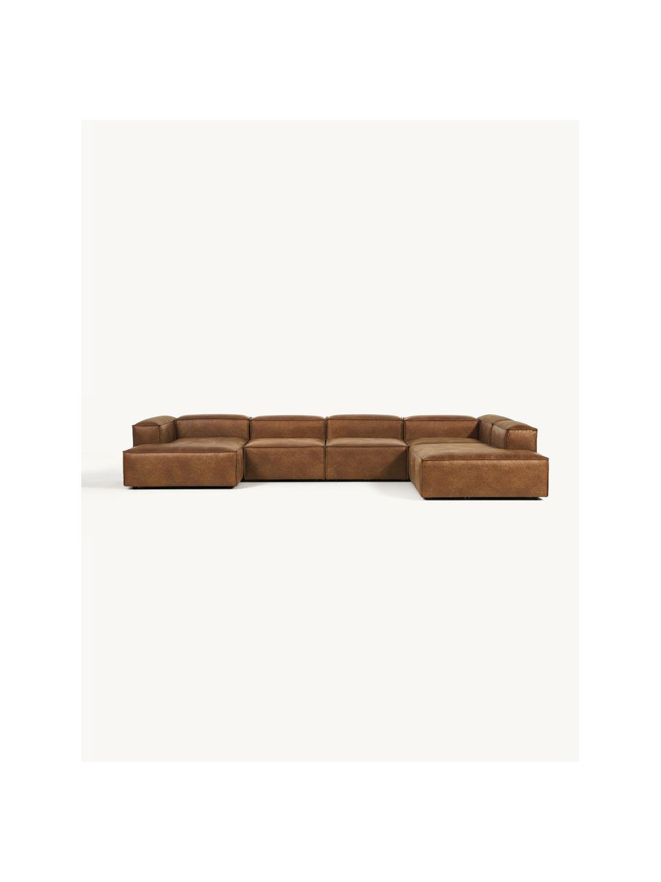 Modulare Wohnlandschaft Lennon aus recyceltem Leder, Bezug: Recyceltes Leder (70 % Le, Gestell: Massives Holz, Sperrholz, Füße: Kunststoff, Leder Braun, B 418 x T 269 cm, Eckteil rechts