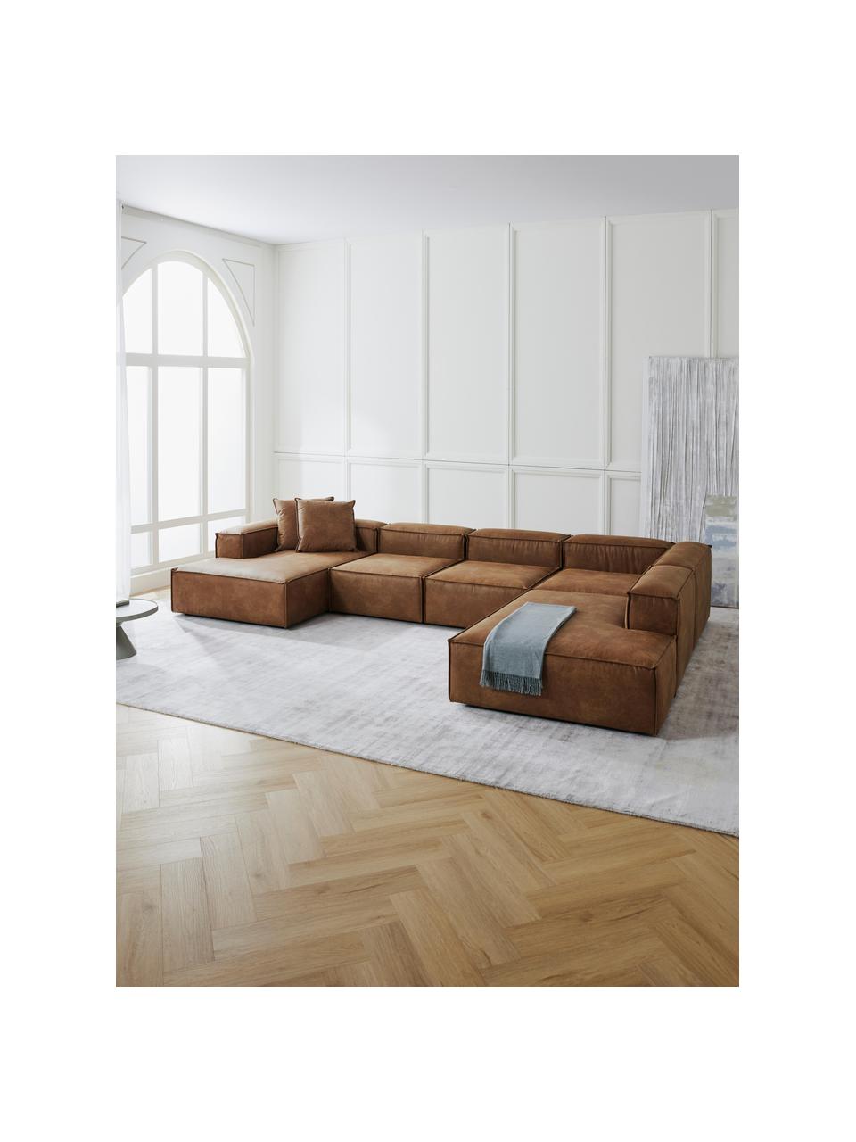 Modulaire woonlandschap Lennon van gerecycled leer, Bekleding: gerecycled leer (70% leer, Frame: massief hout, multiplex, Poten: kunststof Dit product is , Leer bruin, B 418 x D 269 cm, hoekdeel rechts