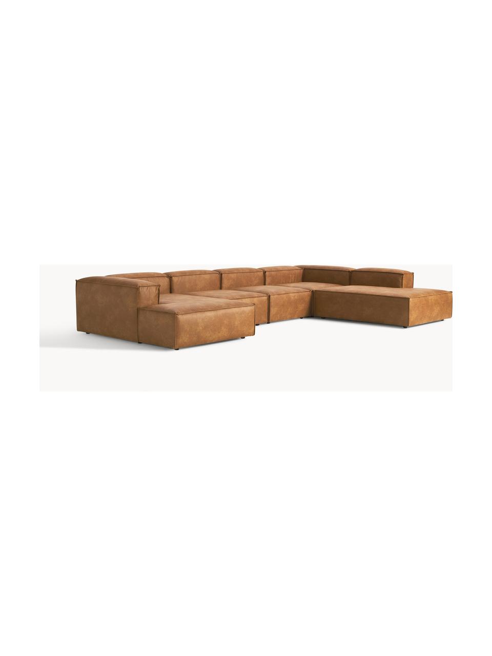 Modulaire woonlandschap Lennon van gerecycled leer, Bekleding: gerecycled leer (70% leer, Frame: massief hout, multiplex, Poten: kunststof Dit product is , Leer bruin, B 418 x D 269 cm, hoekdeel rechts