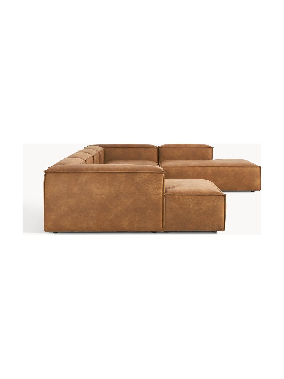 Sofá rinconera modular de cuero reciclado Lennon, Tapizado: cuero reciclado (70% cuer, Estructura: madera maciza, madera con, Patas: plástico Este producto es, Cuero marrón, An 418 x F 269 cm, chaise longue derecha