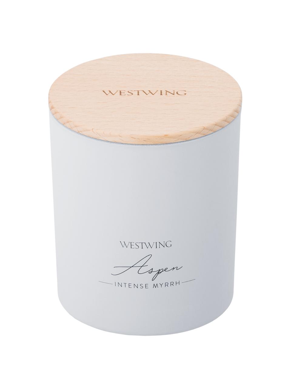 Vela perfumada Aspen (mirra), Recipiente: vidrio, Tapa: madera de haya, Gris claro, ∅ 8 x Al 9 cm