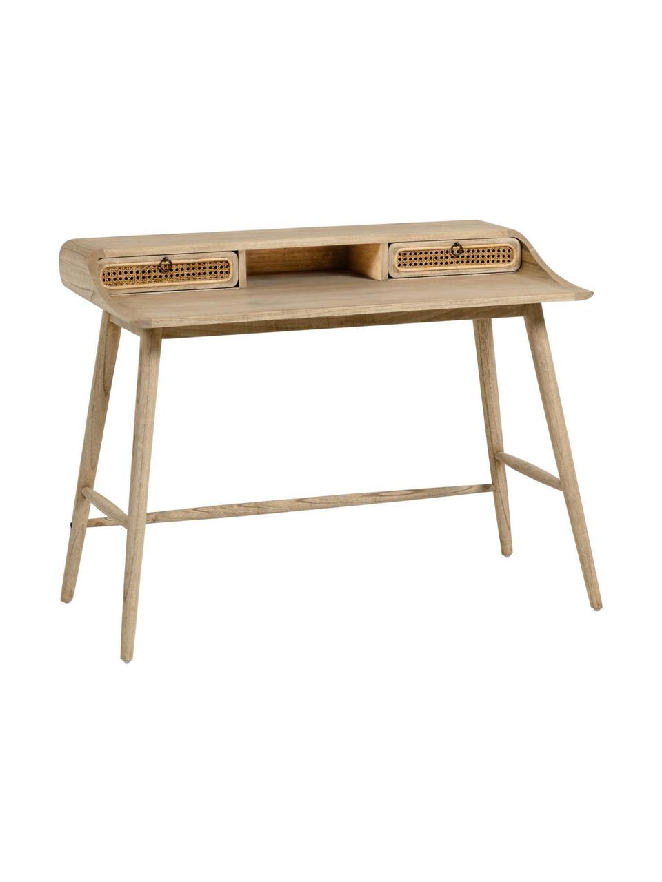 Bureau Nalu van hout met Weens vlechtwerk, Handvatten: gelakt metaal, Mindihoutkleurig, B 110  x D 60 cm