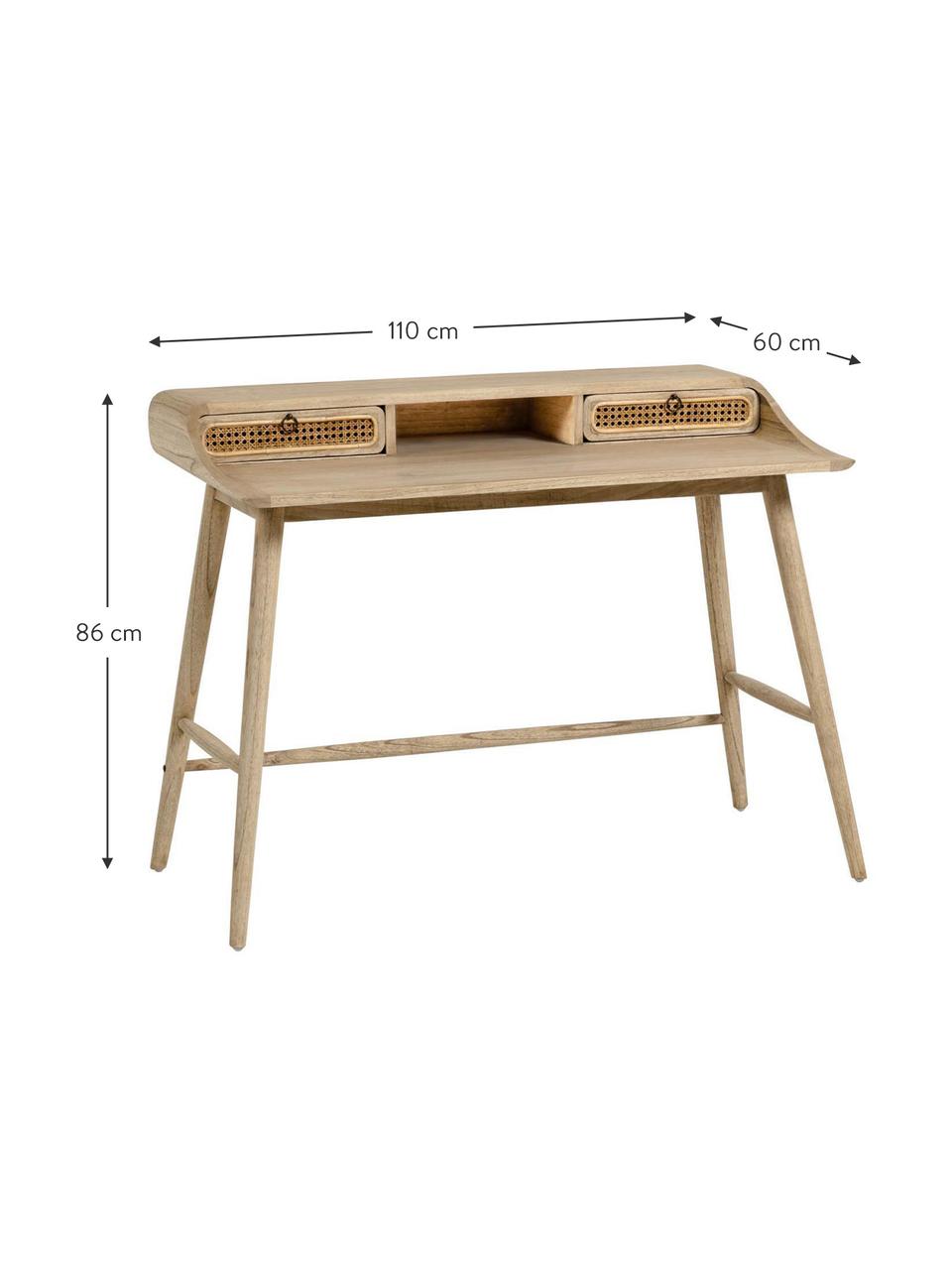 Bureau en bois avec cannage Nalu, Margousier, larg. 110 x prof. 60 cm