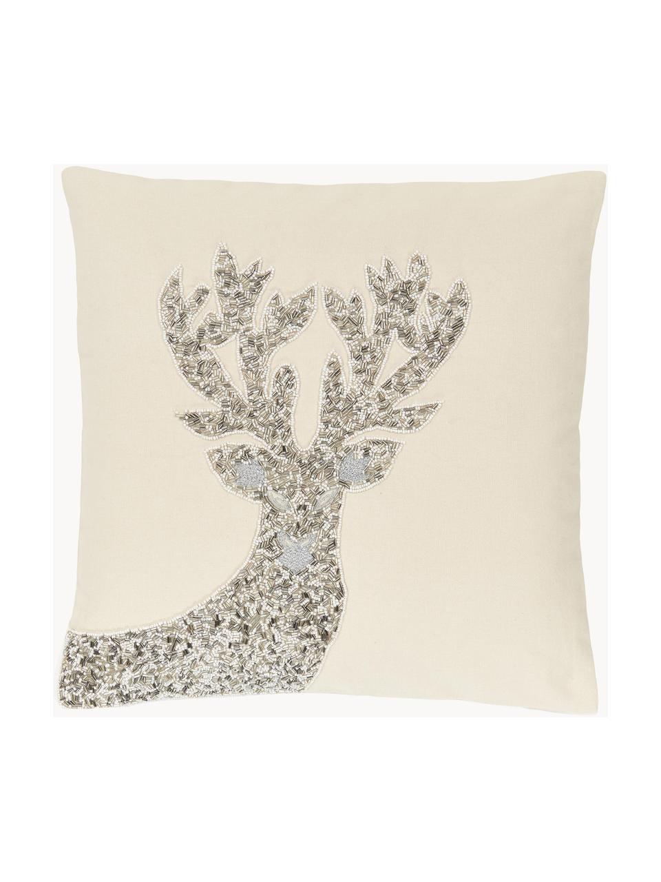 Geborduurde kussenhoes Deer met kerstversiering, 100% katoen, Lichtbeige, B 45 x L 45 cm