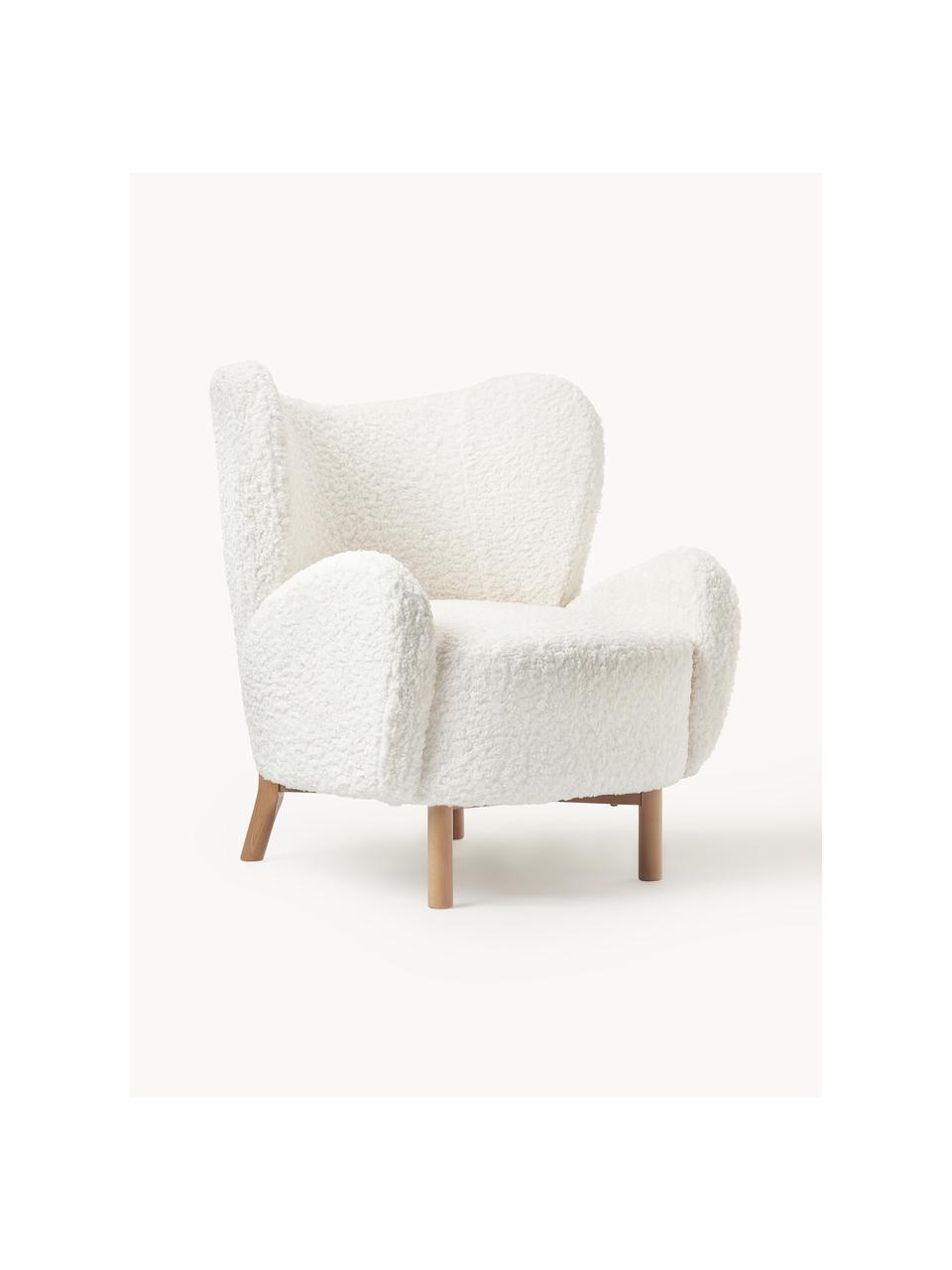 Fauteuil à oreilles tissu peluche Kalia, Peluche blanc crème, bois de hêtre clair, larg. 78 x prof. 80 cm