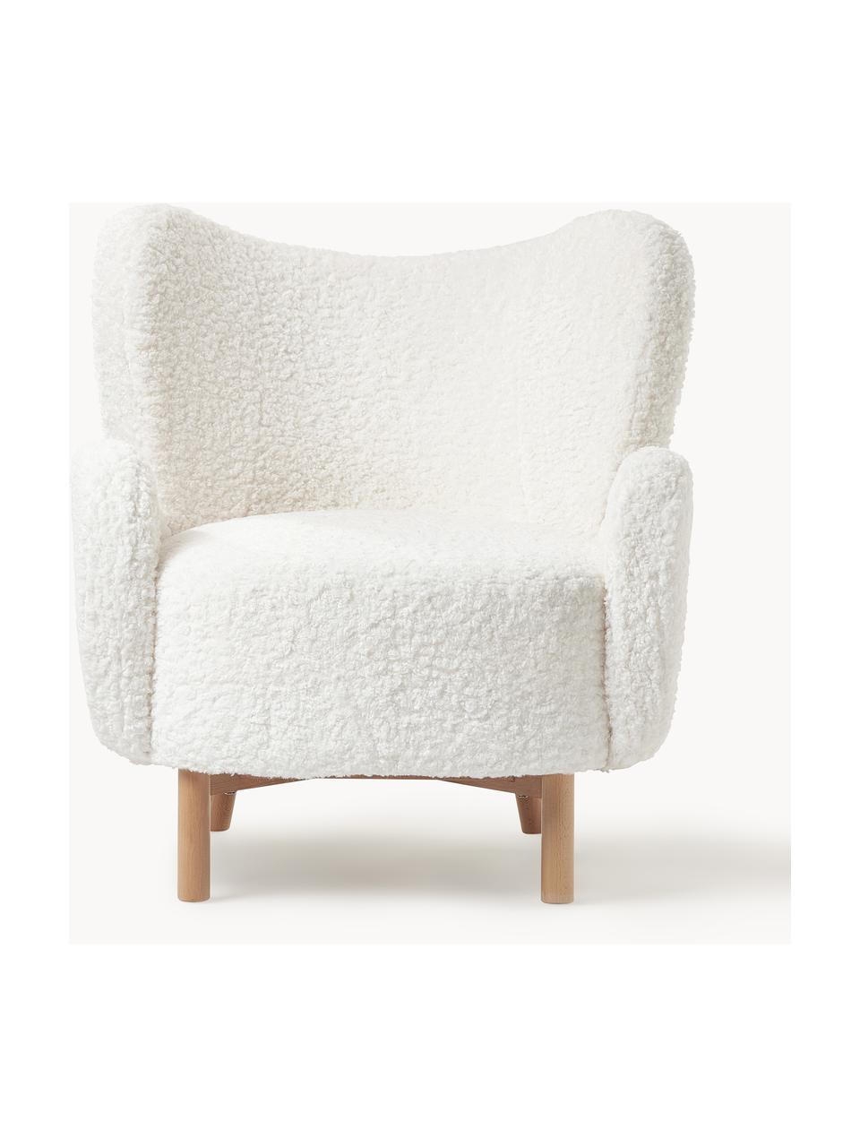 Fauteuil à oreilles tissu peluche Kalia, Peluche blanc crème, bois de hêtre clair, larg. 78 x prof. 80 cm