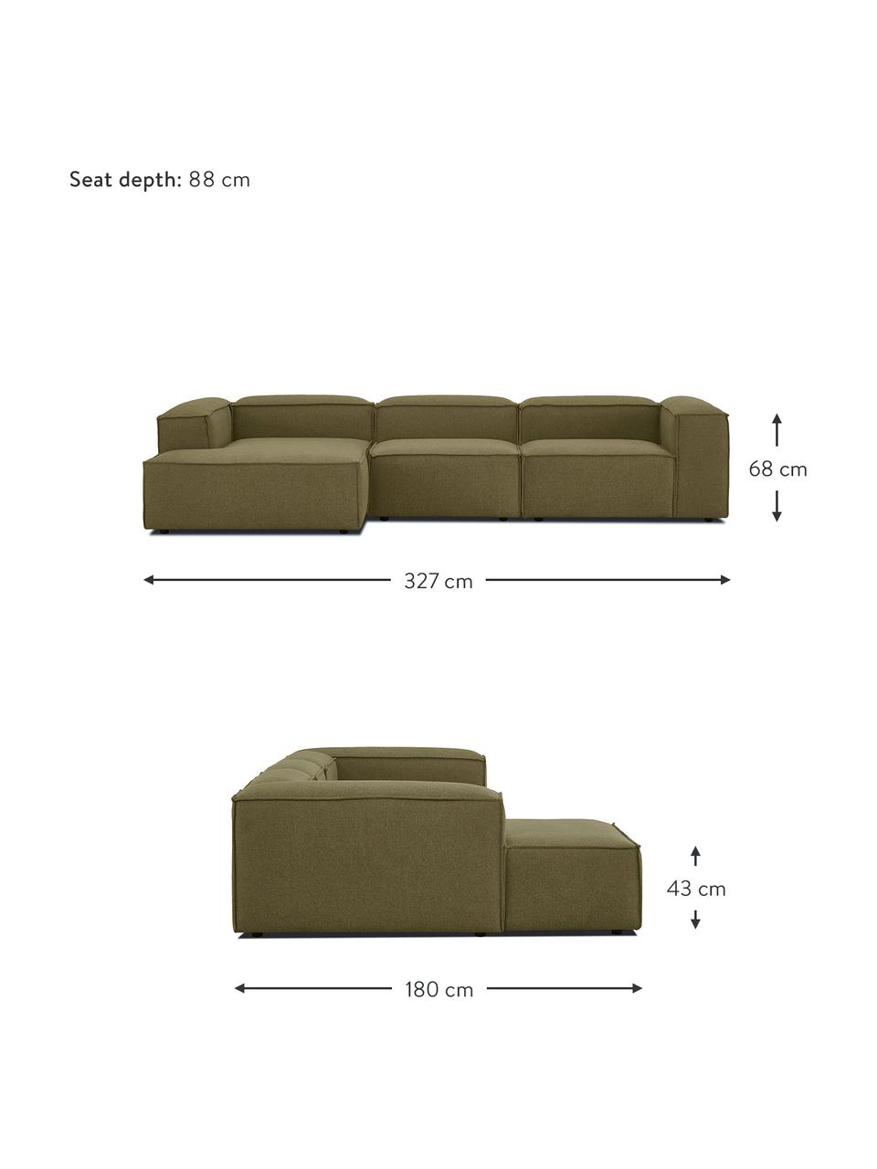 Divano angolare componibile Lennon, Rivestimento: 100% poliestere Con 115.0, Struttura: legno di pino massiccio, , Piedini: plastica, Tessuto verde, Larg. 327 x Prof. 180 cm, chaise-longue a sinistra
