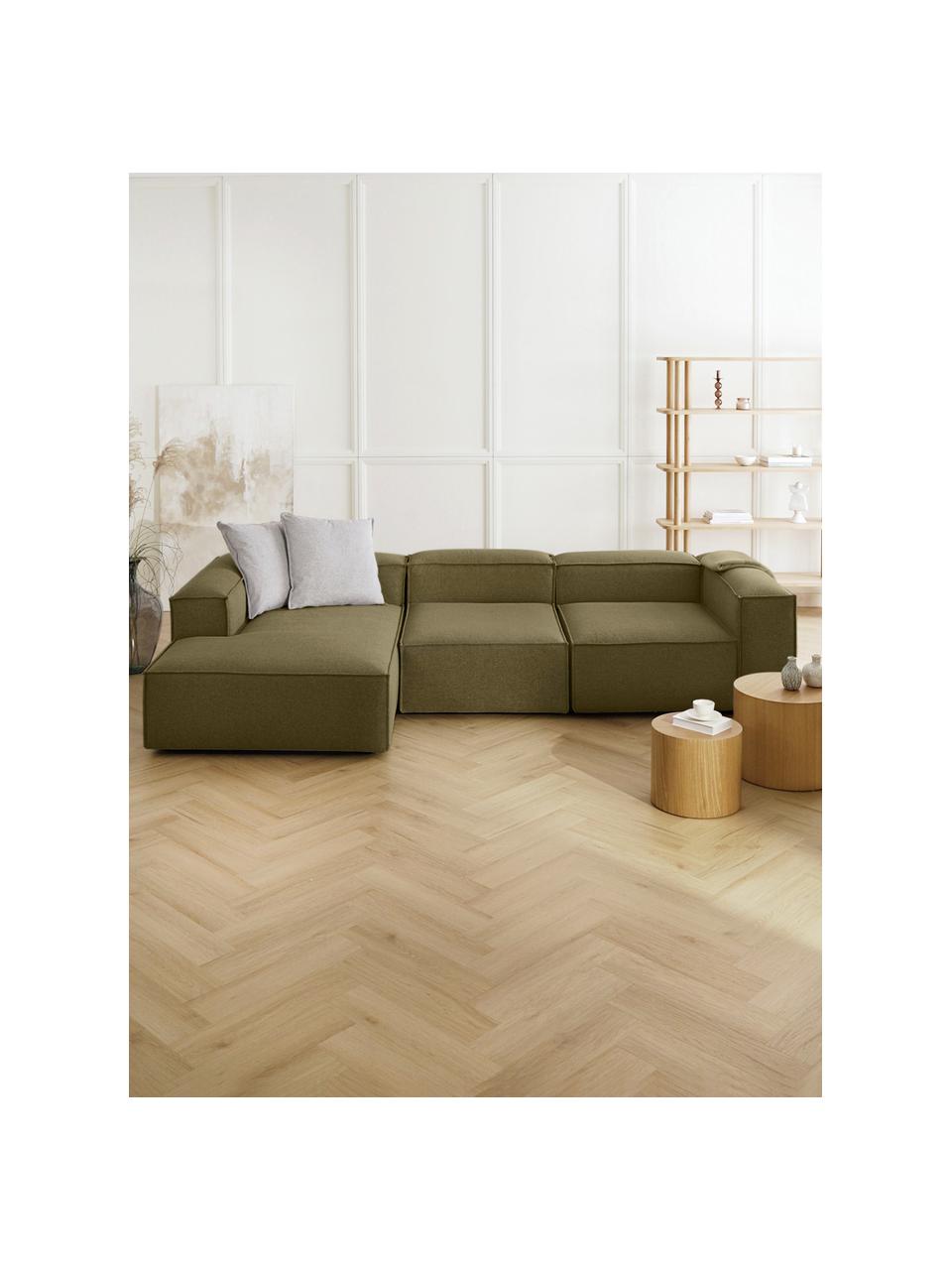 Sofá rinconera modular Lennon, Tapizado: 100% poliéster Alta resis, Estructura: madera contrachapada de p, Patas: plástico, Tejido verde oliva, An 327 x F 180 cm, chaise longue izquierda