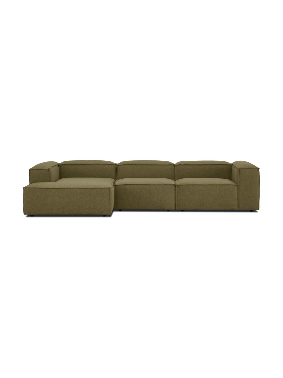 Modulaire hoekbank Lennon, Bekleding: 100% polyester De slijtva, Frame: massief grenenhout, FSC-g, Poten: kunststof, Geweven stof groen, B 327 x D 180 cm, hoekdeel links