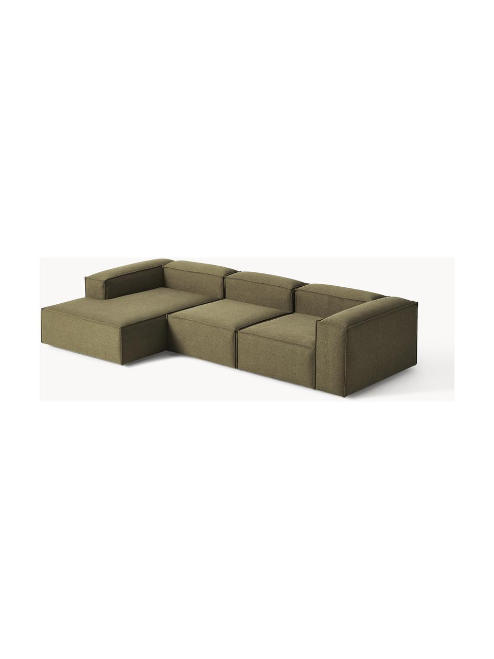 Modulares Ecksofa Lennon, Bezug: 100 % Polyester Der strap, Gestell: Massives Kiefernholz, Spe, Füße: Kunststoff Dieses Produkt, Webstoff Olivgrün, B 327 x T 180 cm, Eckteil links