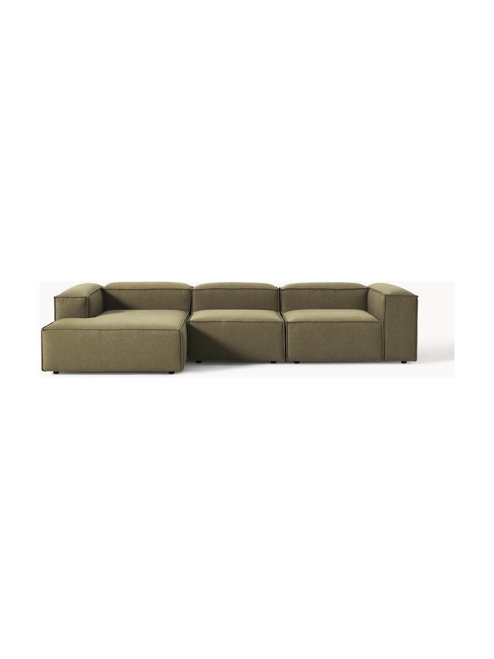 Modulares Ecksofa Lennon, Bezug: 100 % Polyester Der strap, Gestell: Massives Kiefernholz, Spe, Webstoff Olivgrün, B 327 x T 180 cm, Eckteil links