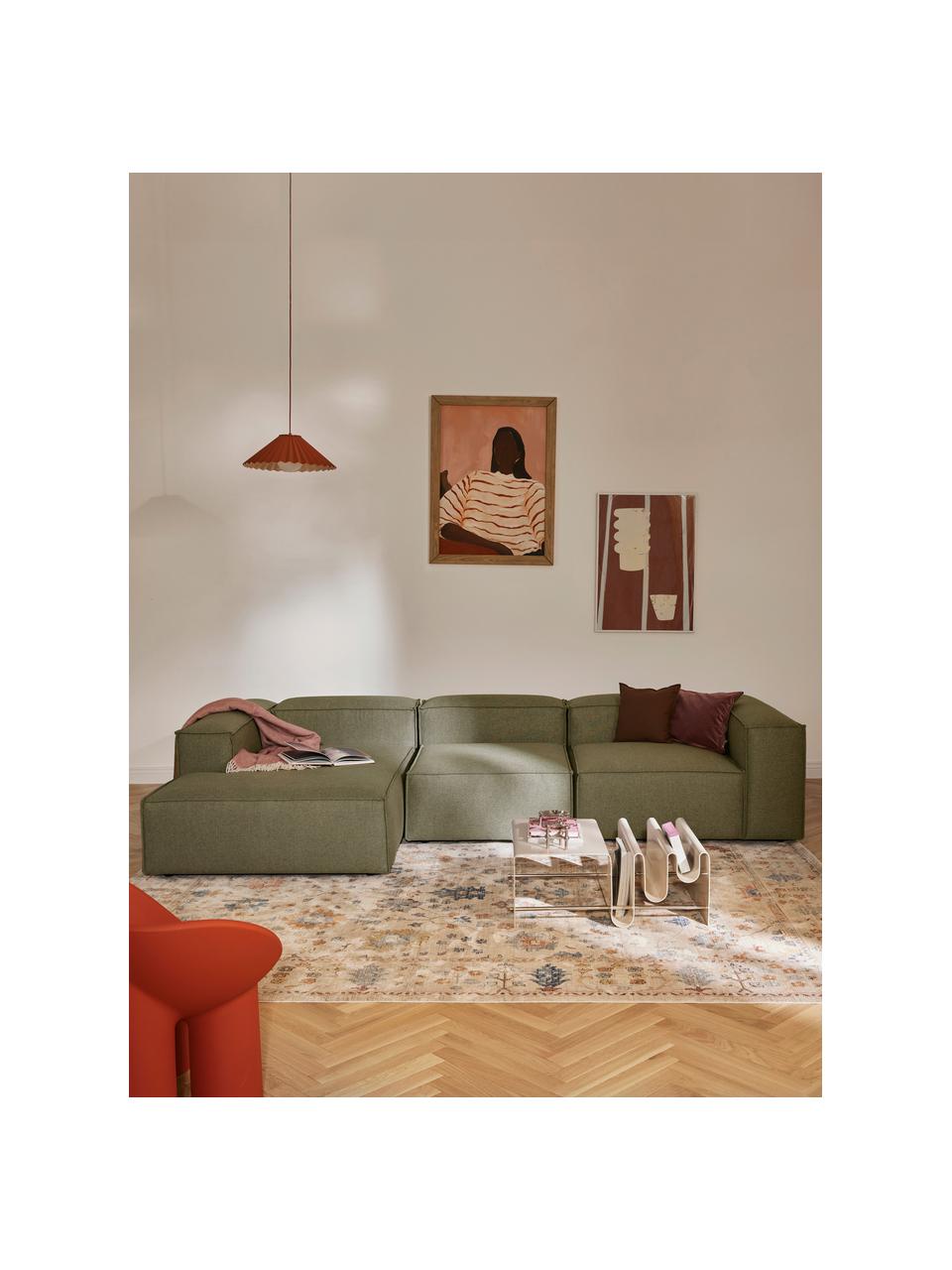 Canapé d'angle modulable Lennon, Tissu vert olive, larg. 327 x prof. 180 cm, méridienne à gauche