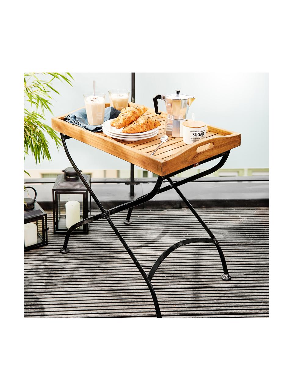 Tuin dienbladtafel Parklife met houten blad, Tafelblad: geolied acaciahout, Frame: verzinkt en gepoedercoat , Zwart, acaciahoutkleurig, 65 x 72 cm