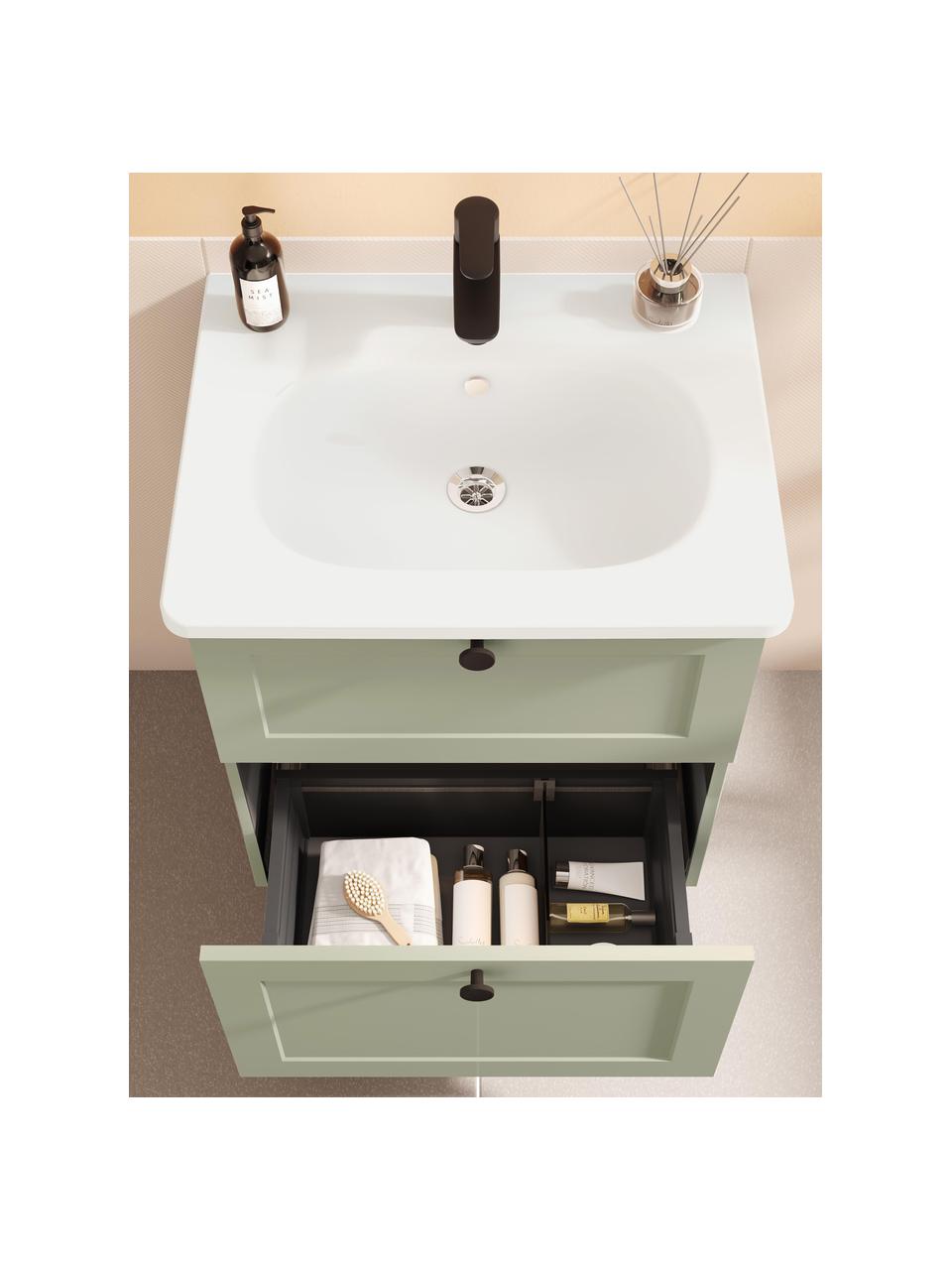 Lavabo con armadietto dalla finitura opaca Rafaella, Manico: alluminio rivestito, Verde salvia, Larg. 60 x Alt. 67 cm