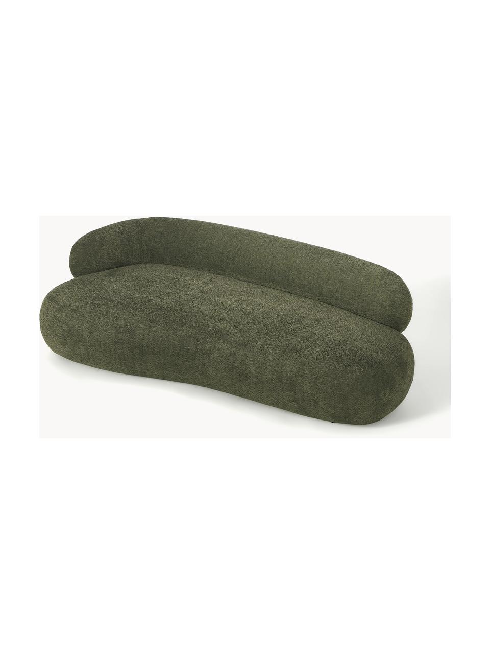 Bank Alba (3-zits) uit teddy-bouclé, Bekleding: 100% polyester Met 100.00, Frame: massief sparrenhout, gren, Poten: kunststof Dit product is , Teddy-bouclé olijfgroen, B 235 x D 114 cm, rugleuning links