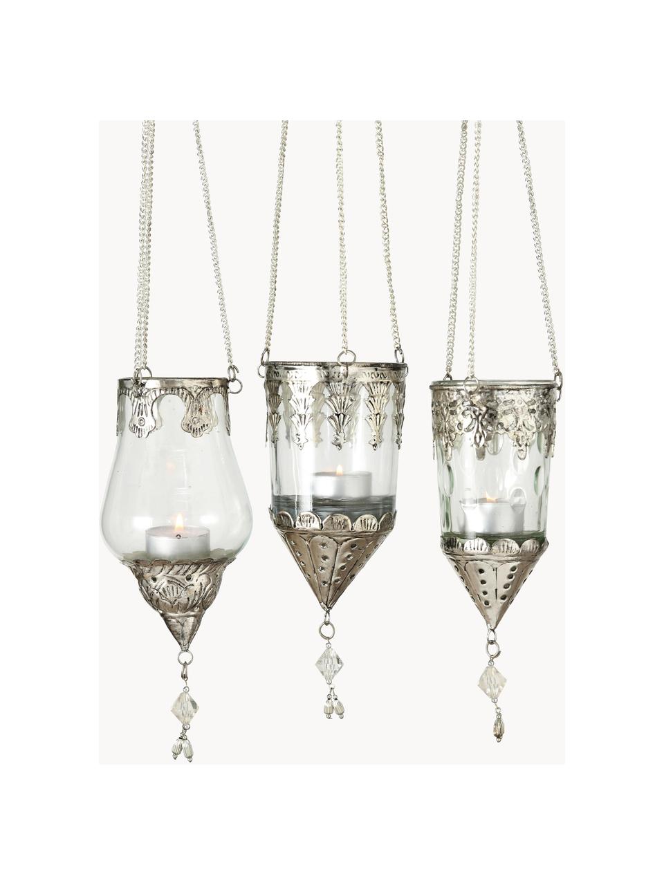Windlichter-Set Cosa aus Glas, 3er-Set, Windlicht: Glas, Dekor: Metall, Transparent, Silberfarben, Ø 9 x H 23 cm