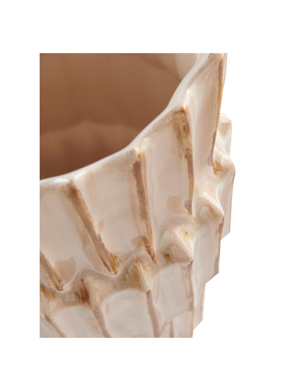 Grote keramische vaas Pilar met groeven structuur, Keramiek, Beige, Ø 20 x H 36 cm