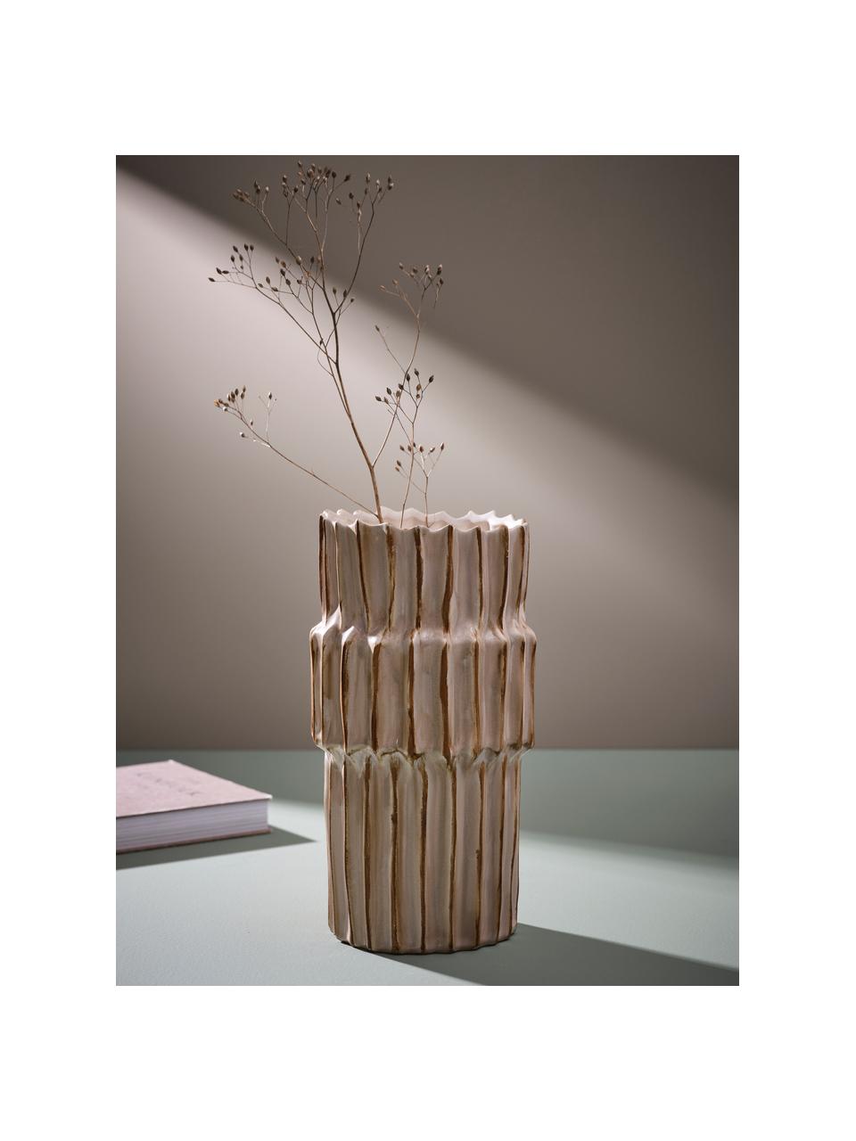 Vaso in ceramica di design con struttura scanalata Pilar, Ceramica, Beige, Ø 20 x Alt. 36 cm