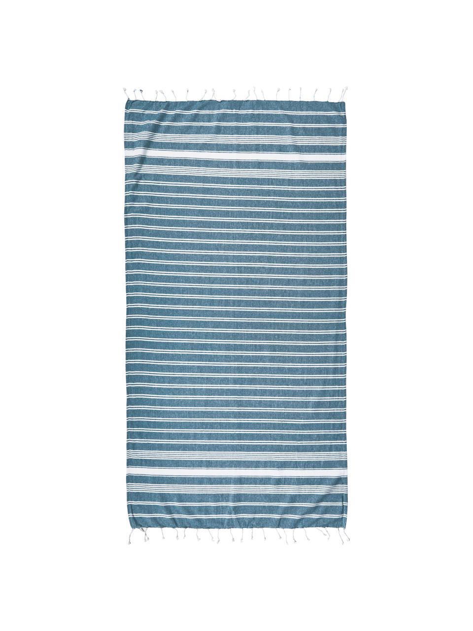 Gestreiftes Hamamtuch Surfside mit Fransenabschluss, 100% Baumwolle, Blau, Weiß, B 90 x L 170 cm