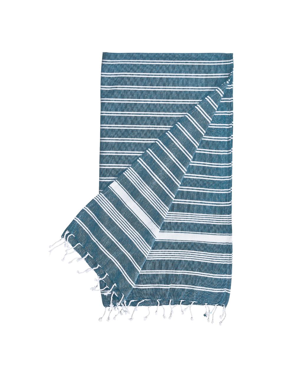 Fouta à rayures et à franges Surfside, 100 % coton, Bleu pétrole, larg. 90 x long. 170 cm