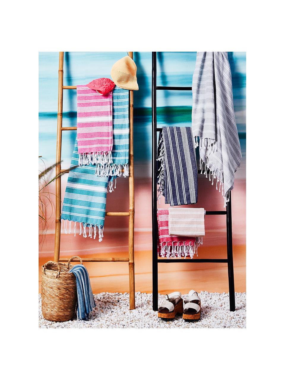 Telo fouta a righe con frange Surfside, 100% cotone, Petrolio, Larg. 90 x Lung. 170 cm