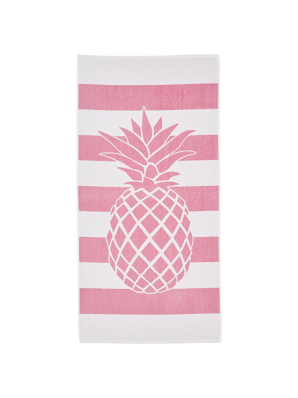 Gestreiftes Strandtuch Asan mit Ananas-Motiv, 100% Baumwolle
leichte Qualität 380 g/m², Pink, Weiß, 80 x 160 cm