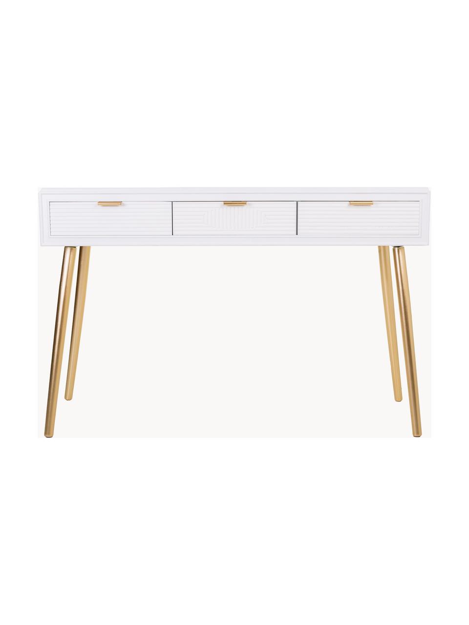 Consolle in legno con cassetti scanalati Janette, Legno laccato bianco, dorato, Larg. 120 x Alt. 78 cm