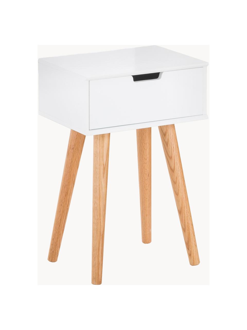 Comodino con cassetto Mitra, Gambe: legno di quercia, Bianco, legno di quercia, Larg. 40 x Alt. 62 cm