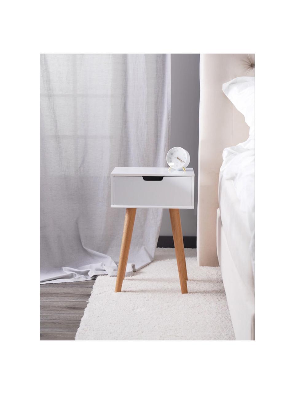 Nachttisch Mitra mit Schublade, Beine: Eichenholz, Weiß, Eichenholz, B 40 x H 62 cm