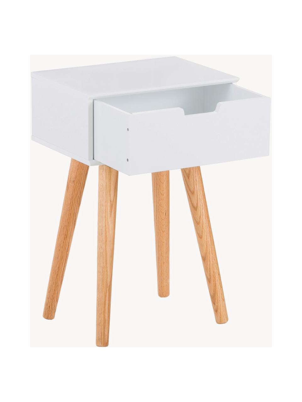 Mesita de noche Mitra, Patas: madera de roble, Estructura: tablero de fibras de dens, Blanco, roble, An 40 x Al 62 cm